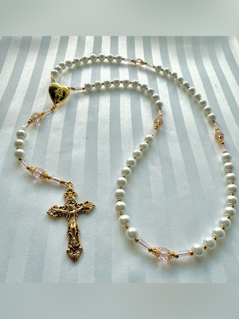 Pearl Wire-Strung Heart Locket Prayer Rosary with Pink Crystal Accents
